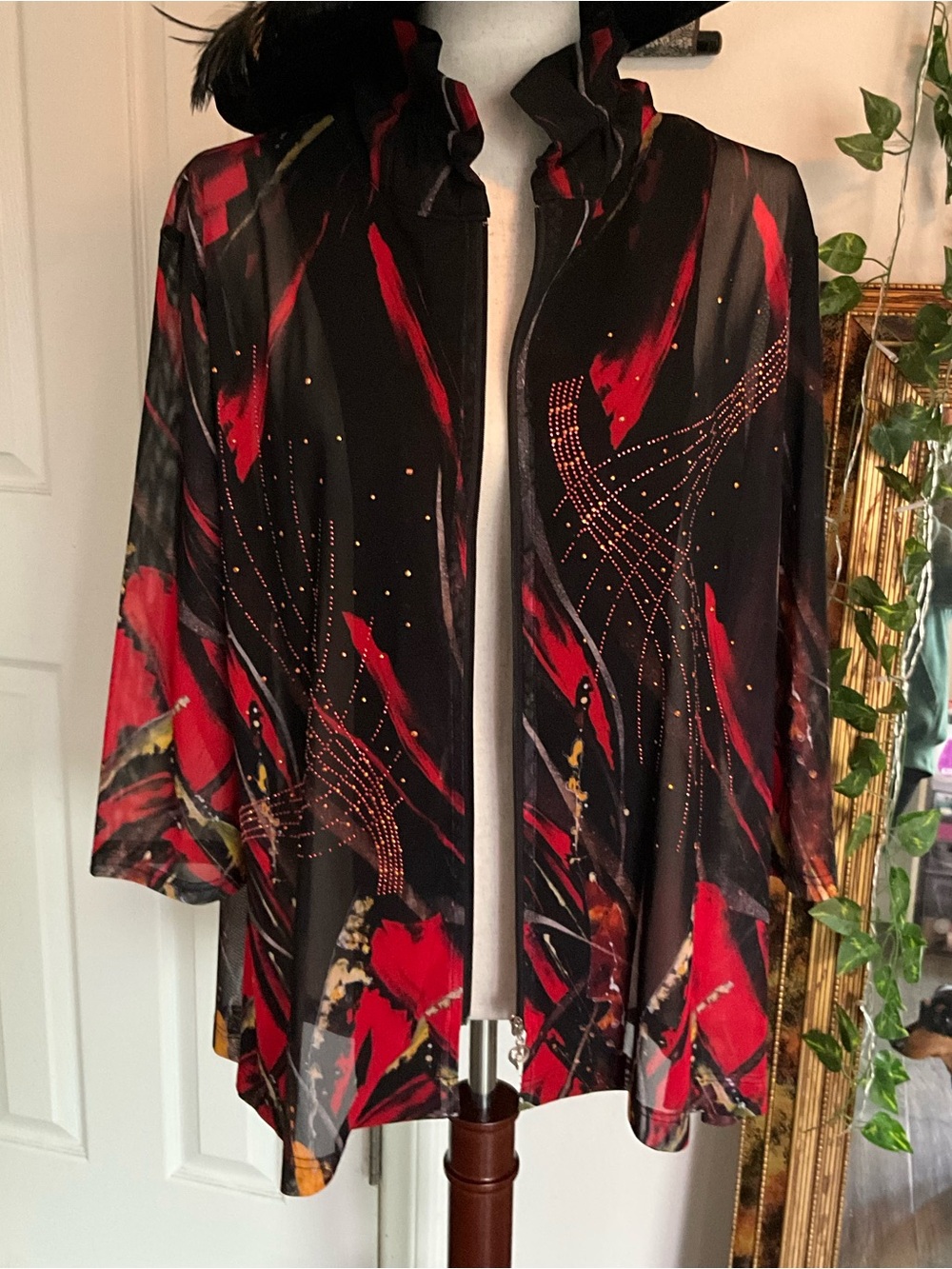 Valentina Black Sheer Jacket with Red and Yellow Abstract Accents